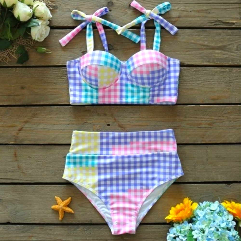 Colorblock gingham bikini